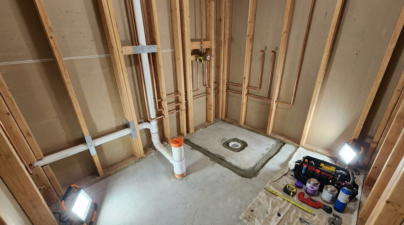 Bathroom rough-in plumbing during remodel by Johns Plumbing LLC in Woodmere