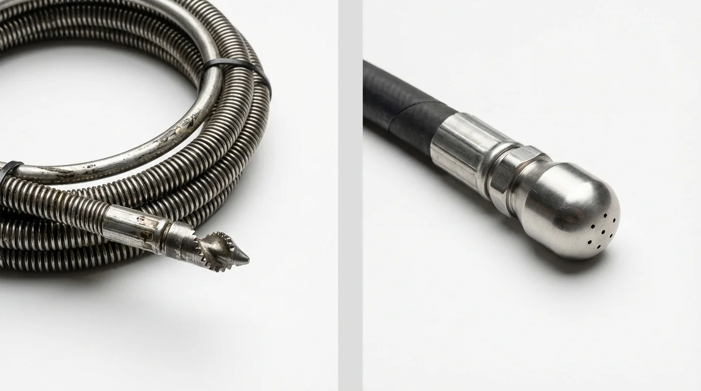Drain snake cable and hydro jetting nozzle used for drain cleaning in Woodmere, NY