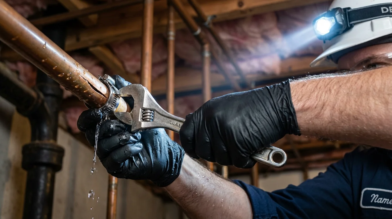 Emergency pipe clamp repair being performed by a Johns Plumbing LLC plumber in Woodmere