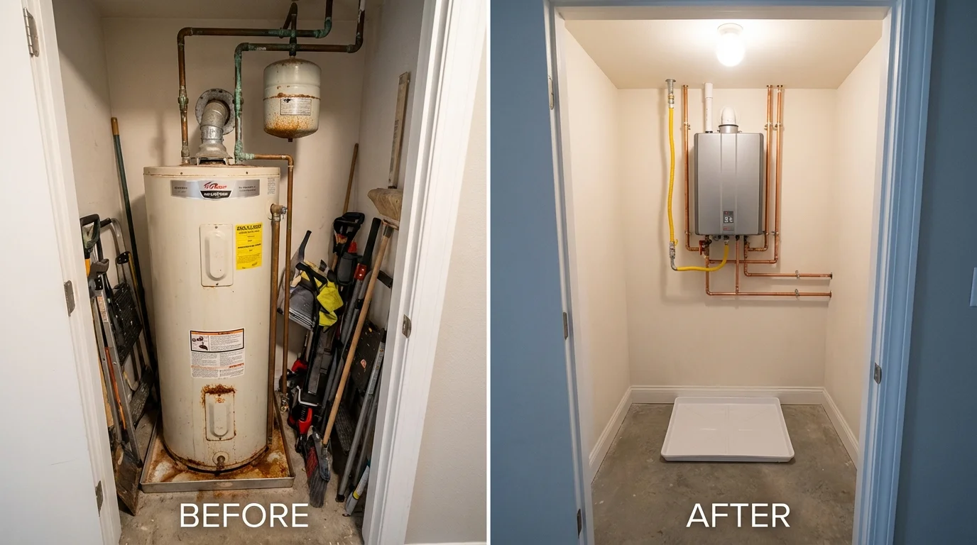 Tank water heater versus wall-mounted tankless unit comparison for Woodmere, NY homeowners