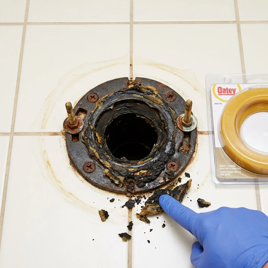 Failed wax ring showing water seepage at the base of a toilet in a Woodmere, NY home